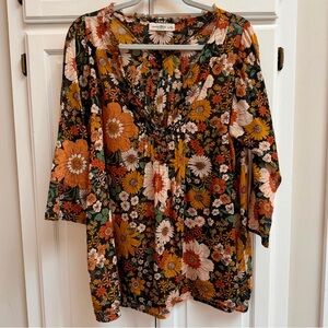 Natural Life Floral Cotton Tunic Top Orange & Black Size L/XL